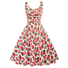 1950s Strawberry Printed Vintage Sleeveless V-Neck Flared A-Line Cotton Dress