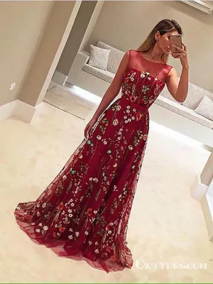 A-Line Crew Long Flower Print Burgundy Tulle Prom Dresses, TYP1812