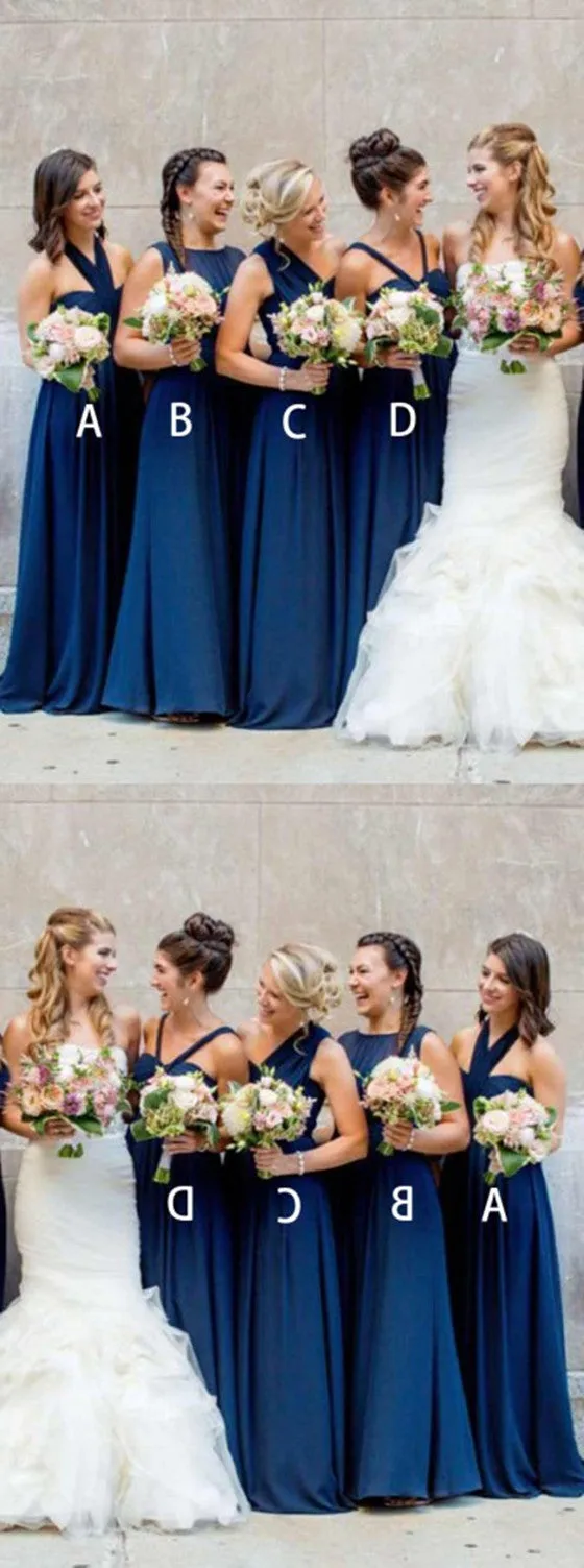 A-Line Floor-length Halter Pleated sleeveless Dark Blue Chiffon Long Bridesmaid Dress , BD0501