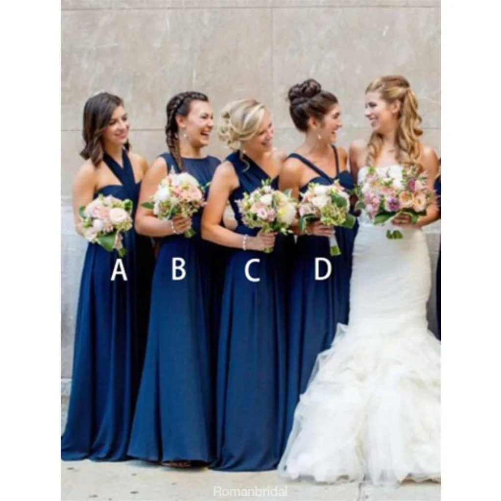 A-Line Floor-length Halter Pleated sleeveless Dark Blue Chiffon Long Bridesmaid Dress , BD0501