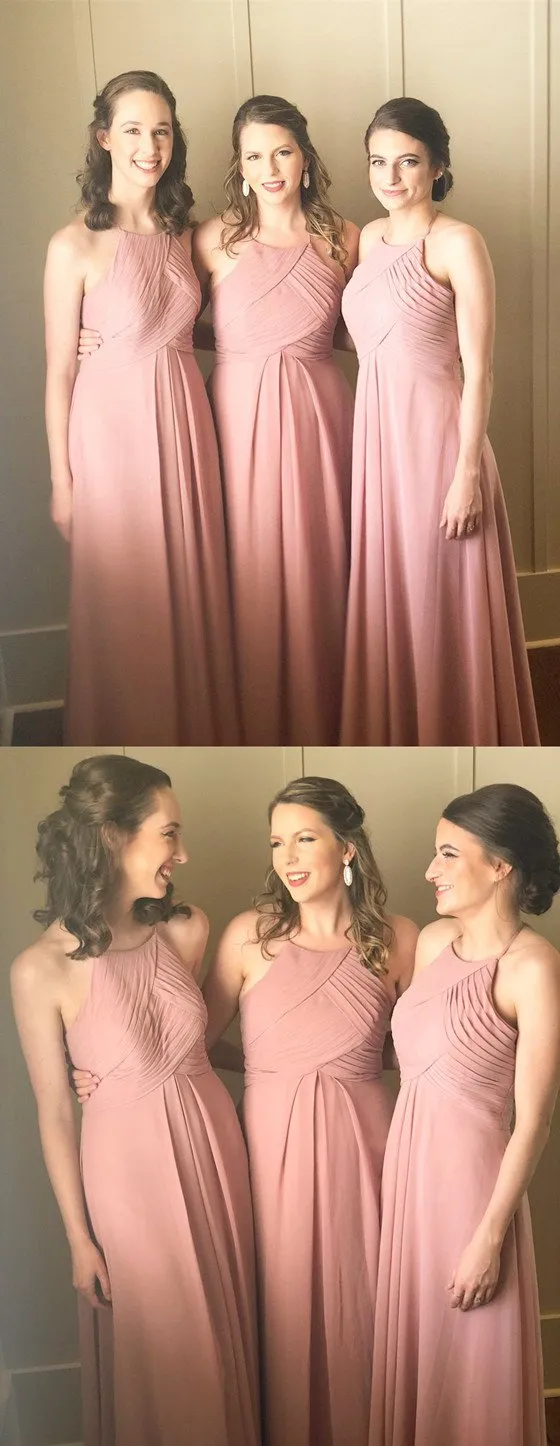 A-line Halter Chiffon Long Bridesmaid dresses With Pleats, BD0523