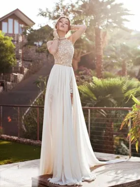 A-Line Halter Sleeveless Lace Chiffon Sweep Train Beach Wedding Dress OW322