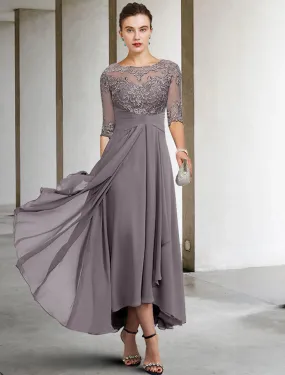 A-Line Mother of the Bride Dress Fall Wedding Guest Dresses Plus Size Elegant High Low V Neck Asymmetrical Ankle Length Chiffon Lace Half Sleeve with Beading Appliques