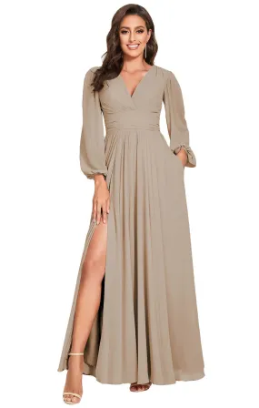 A-Line Plunging Neck Long Sleeves Chiffon Bridesmaid Dresses With Slit