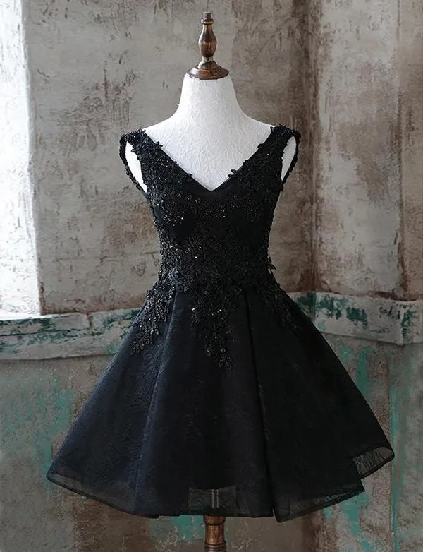 A-line Sleeveless V-neck Appliaues Black Homecoming Dresses, HD0100