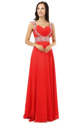 A-line V Neck Chiffon Long Red Prom Dresses