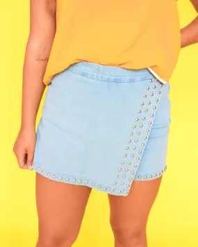 Acid Wash Denim Skort with Stud Detail