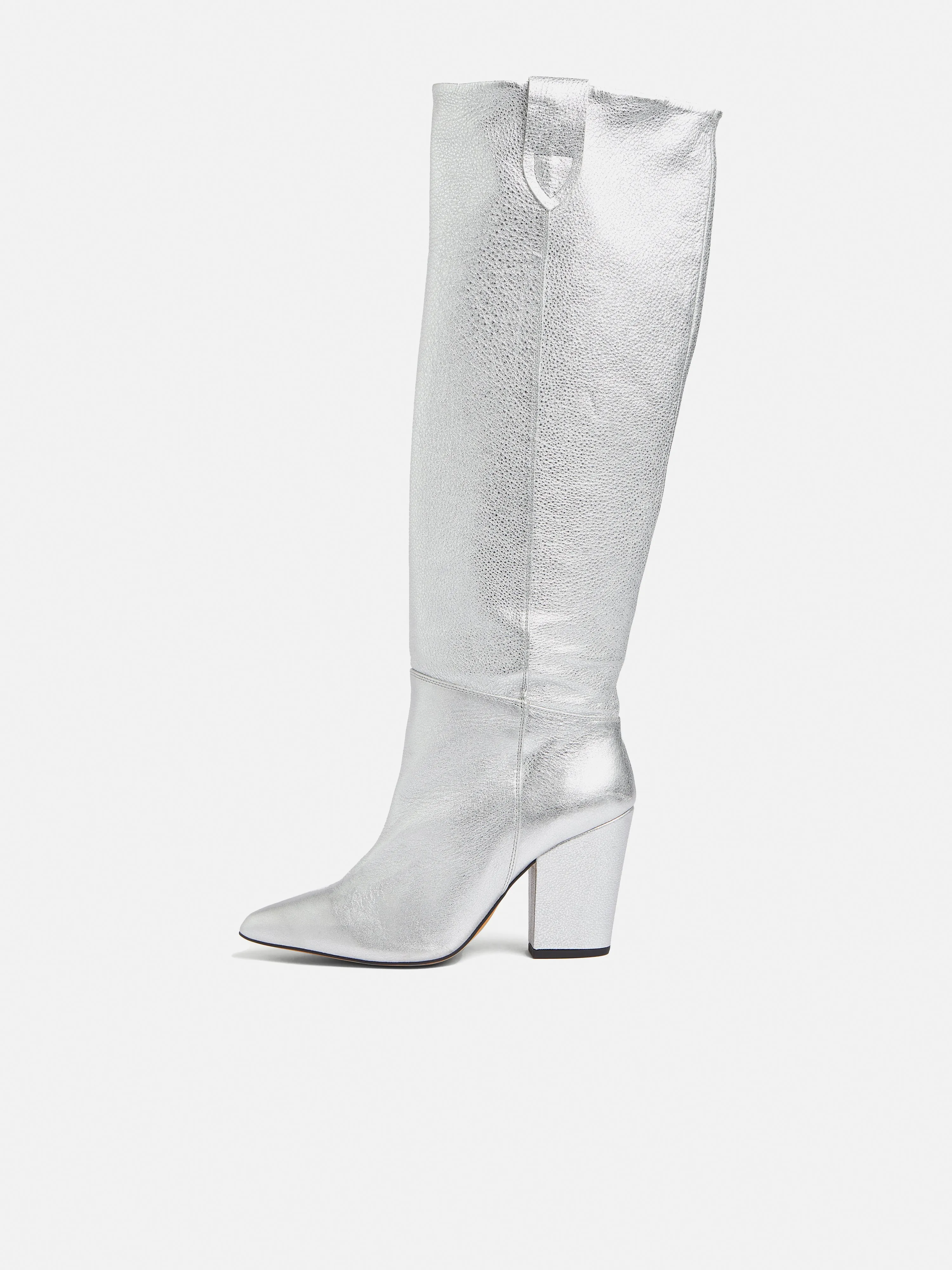 Anika Knee High Heeled Boot | Silver