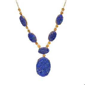 Art Deco Carved Lapis Lazuli 14k Yellow Gold Necklace