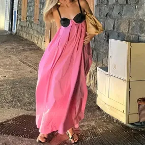 Backless Pink Sleeveless Loose Slip Panelled Bandage Maxi Dress