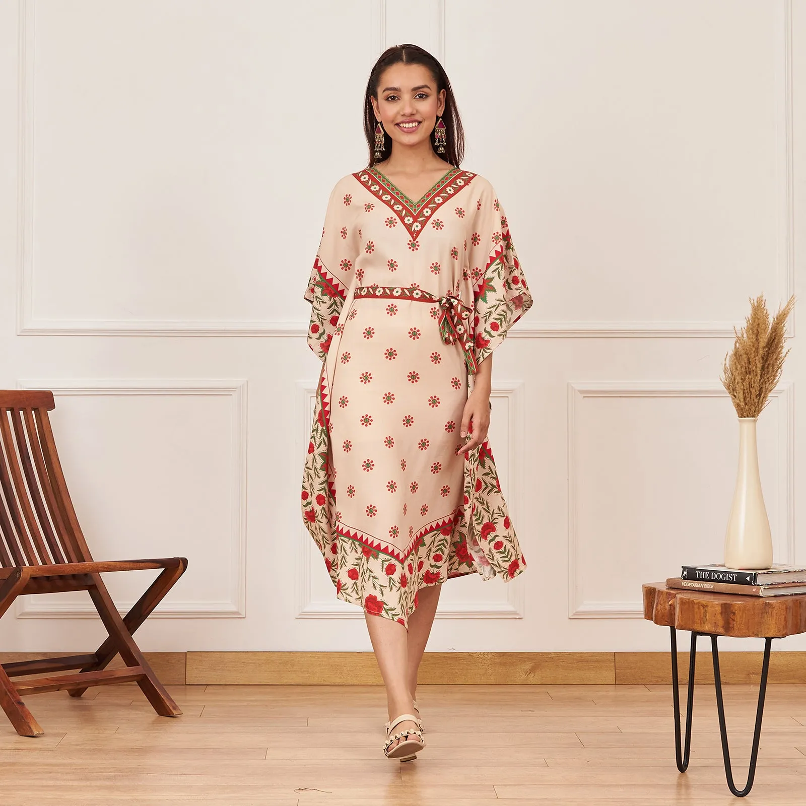 Beige Floral Kaftan Dress with Belt