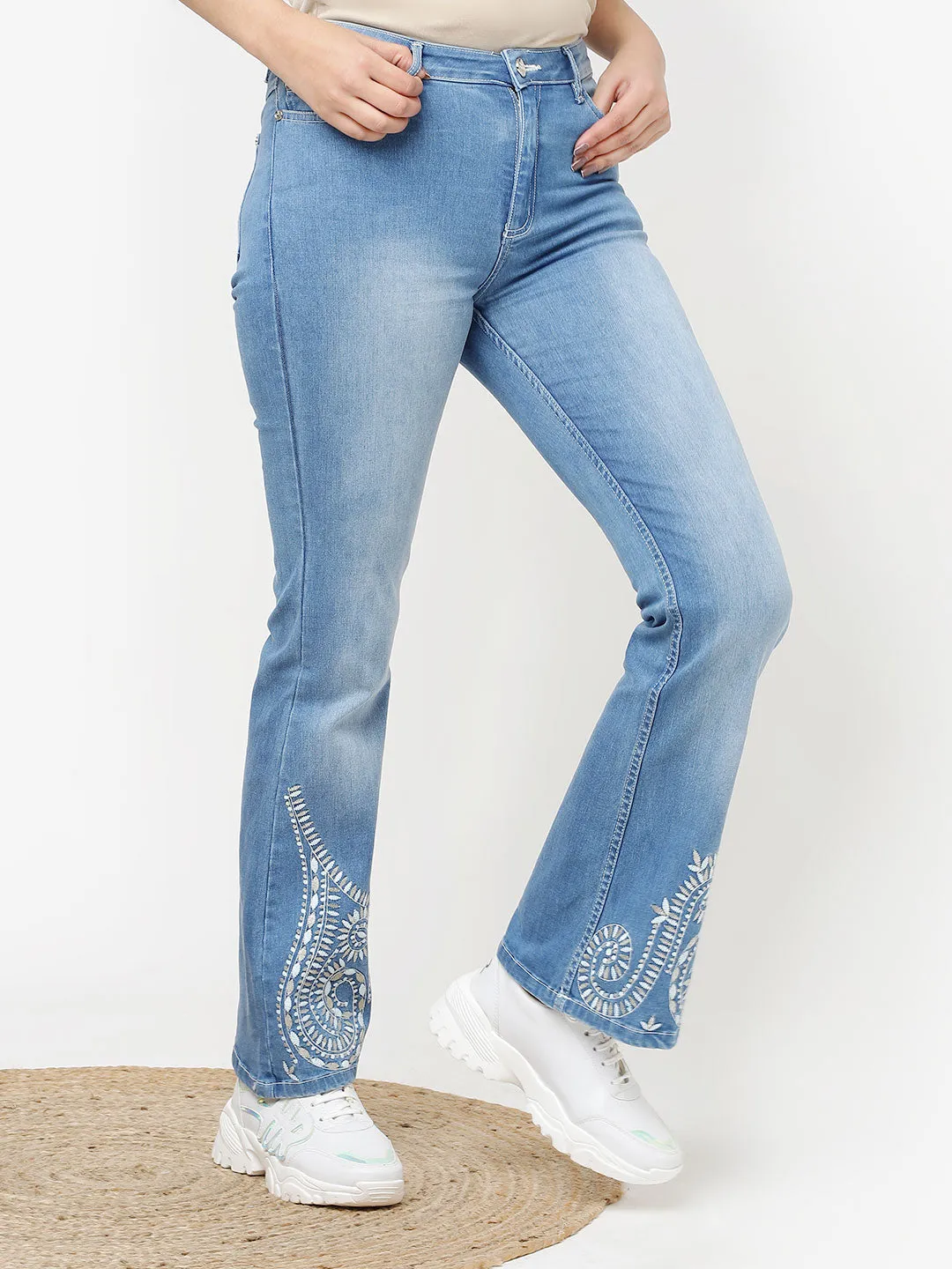 Blue Embroidered Flared Jeans for Women