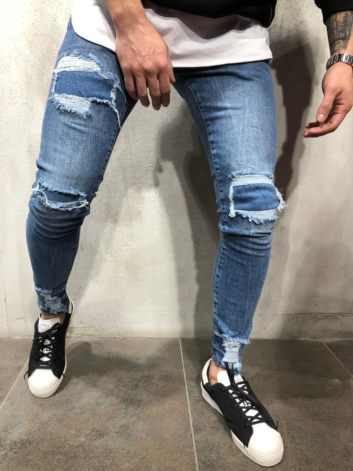 Blue Patched Ultra Skinny Fit Denim AY309 Streetwear Jeans