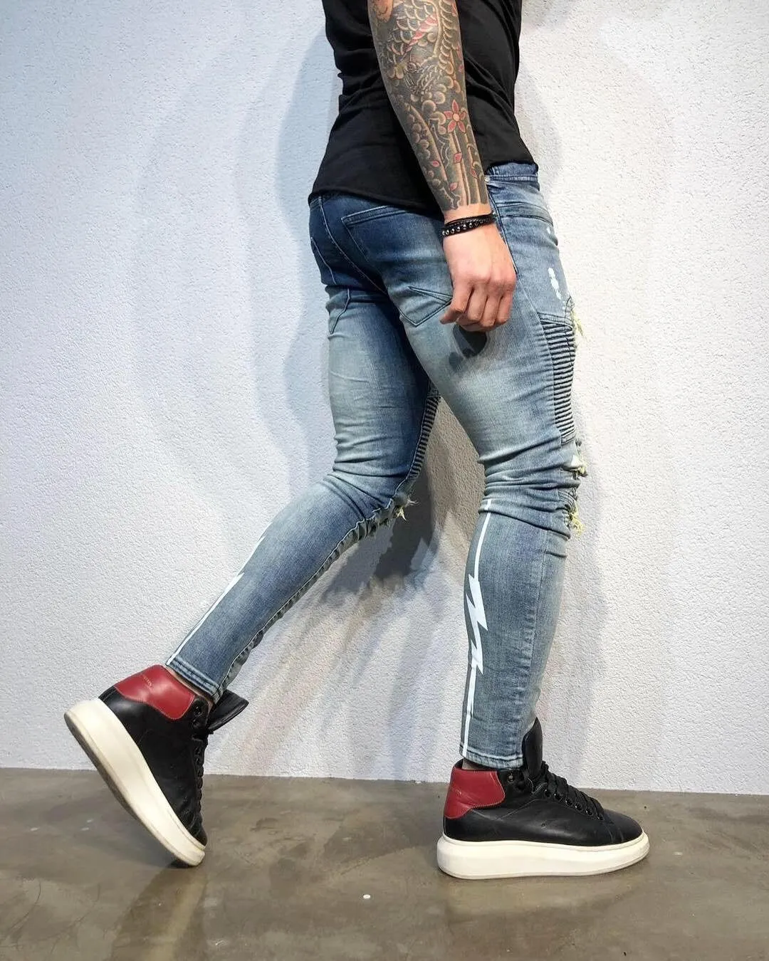 Blue Printed Distressed Ultra Skinny Fit Biker Denim B334 Streetwear Jeans