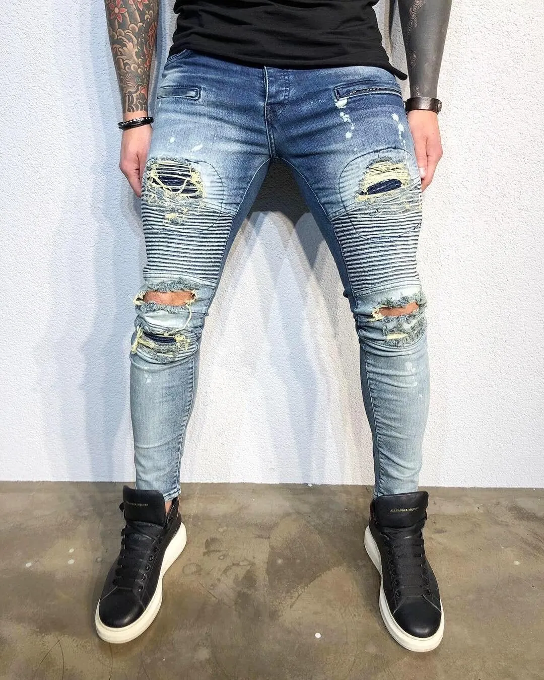 Blue Printed Distressed Ultra Skinny Fit Biker Denim B334 Streetwear Jeans