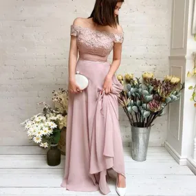 Charming Off-The-Shoulder Dusty Pink Chiffon Appliqued Chiffon Long Cheap Bridesmaid Dresses, BDS0006