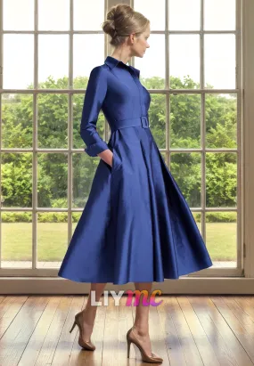 High Neck Long Sleeves Pleated A-Line Mother of Bride Dress Cocktail Dress