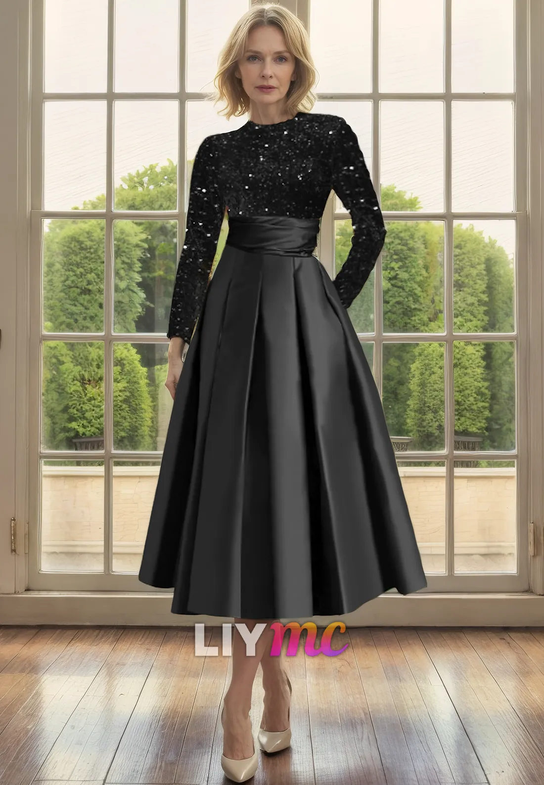 High Neck Long Sleeves Sequins Pleated A-Line Mother of Bride Dress Cocktail Dress