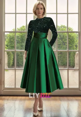 High Neck Long Sleeves Sequins Pleated A-Line Mother of Bride Dress Cocktail Dress