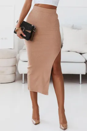 Khaki High Waist Midi Skirt