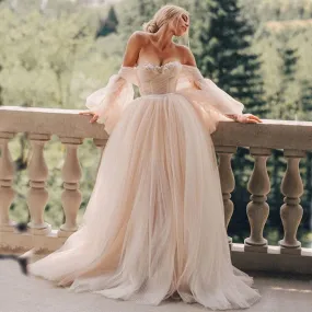 Long Puff Sleeve Champagne Off Shoulder Wedding Dress