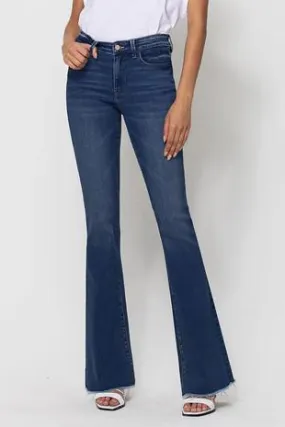 Mid Rise Raw Hem Flare Jeans