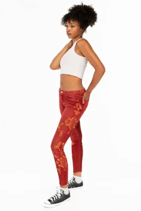 MID RISE WOMENS JEANS WITH GOLD EMBROIDERY IN RED