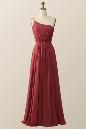 One Shoulder Terracotta Chiffon Long Bridesmaid Dress