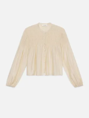 Smocked Collarless Blouse -- Champagne