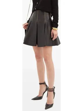 Women’s Black Zip-Embellished Pleated Leather Mini Skirt