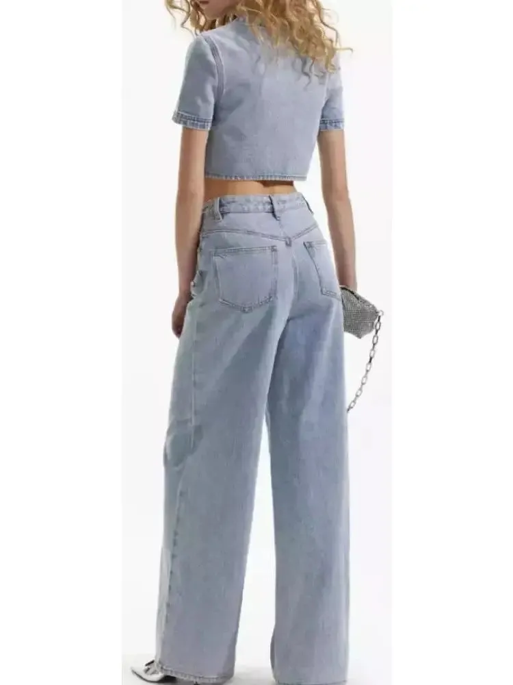 Women’s Crystal-Embellished High-Waisted Relaxed Fit Denim Wide Leg Jeans